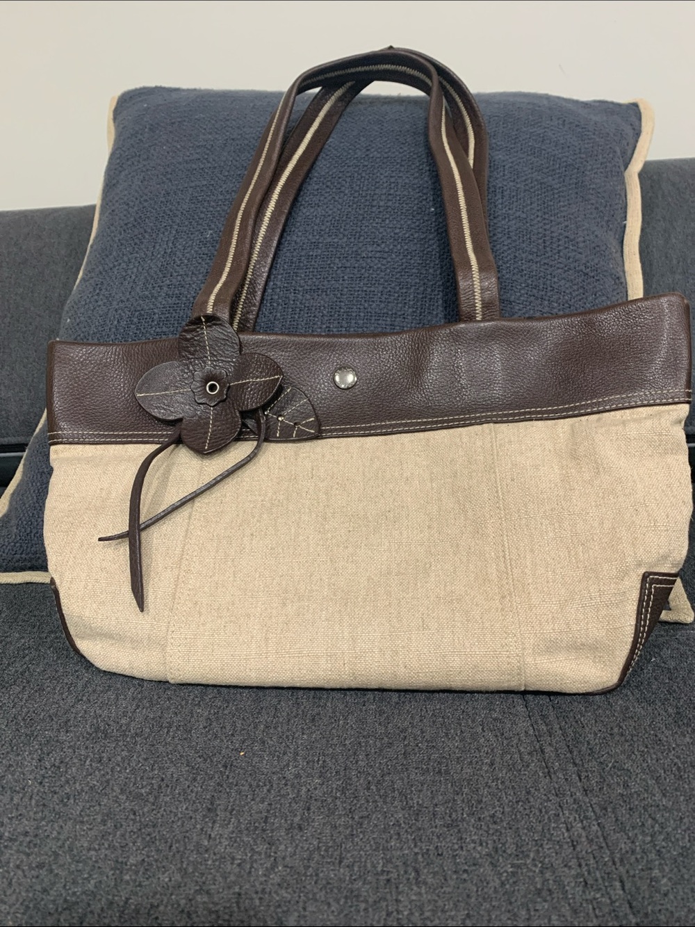 Franco Sarto Beige Canvas Tote with Brown Leather Trim and Flower